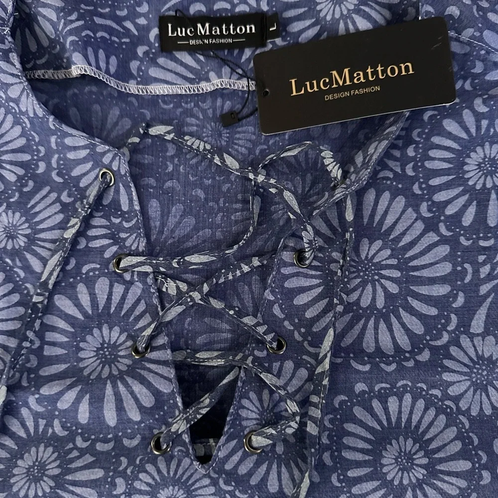 NWT LucMatton men’s summer vintage shirt lace up loose fit short sleeve